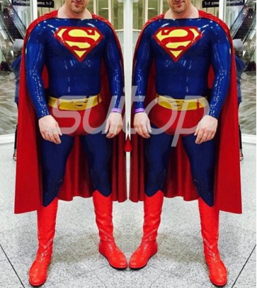New Arrival Men's Latex superman suit tights (catsuit +cape+shorts)