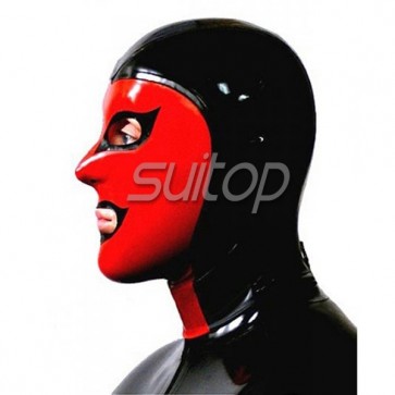 Suitop latex mask rubber sexy hood for adults in red and black trim
