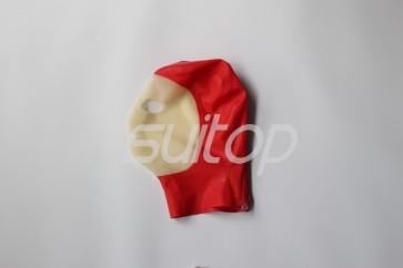 Adult's latex hood open eyes nostrils and mouth main in red and transparent colors with back zip