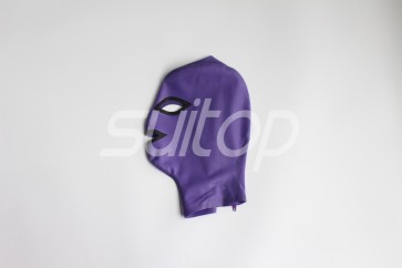 Latex hoods open eyes nostrils and mouth in purple and black color with back zip for adults