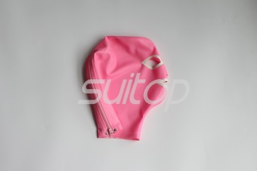 Latex hoods open eyes nostrils and mouth in pink and white color with back zip for adults