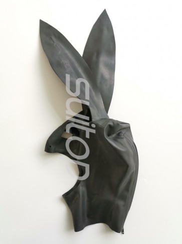Animal rabbit design latex hood with open eyes and mouth in solid black color
