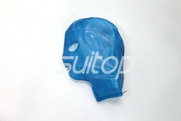 Made of 0.3mm thickness flexible adults' latex hood open nostril in transparent blue color with back zip decorations
