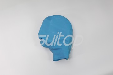 Sky blue latex hood open nostrils and mouth with back zip for adults
