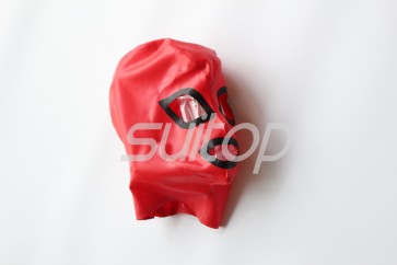 100% handmade red  latex hood open eyes and mouth with black trim decorations three-dimensional cropping