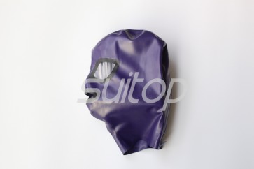 Metallic purple Latex hoods open eyes nostrils and mouth with back zipper