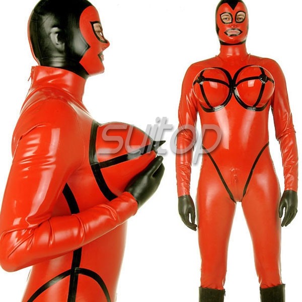 Red Mens Latex Full Body Inflatable Catsuit 