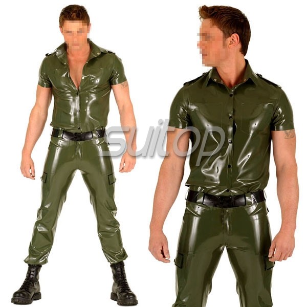 New 100% Latex Rubber Men Police Uniforms Handsame Coat And Pants Suit XXS-XXL