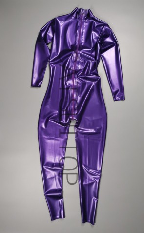 Women' s rubber latex catsuit with front zip throgh crotch in metallic purple color catsuitop