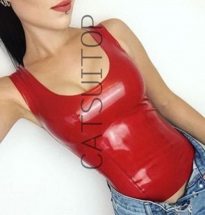 Women's latex catsuit with real support cutom tailored suit vest tops in solid red CATSUITOP 