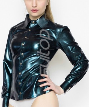 Women's latex catsuit simple style metallic black form fitting blouses with long sleeve and closed with front buttons CATSUITOP 