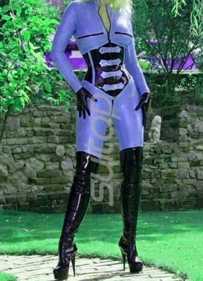 Women's latex catsuit  style  purple zentai attached front zipper to the low cut and with black underbust corset CATSUITOP 