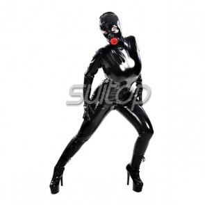 latex zentai full cover catsuit with feets gloves mask attached back zip to lower abdomen