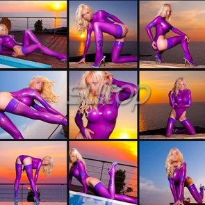 women's 100% natural latex handmade body suit in trasparent purple and purple trim including stocking