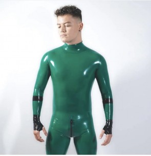 Suitop male's rubber latex catsuit with back zipper to navel and half thumb gloves