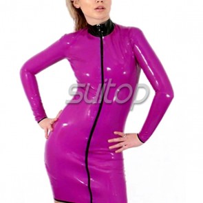 High neck rubber latex casual dress with front zipper in transparent purple for women