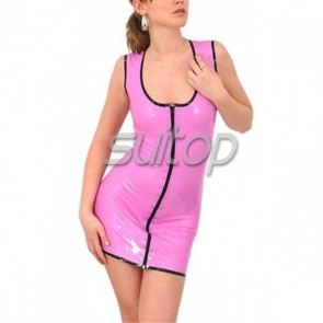 Rubber latex casual sleeveless dress with front zipper in purple color for women