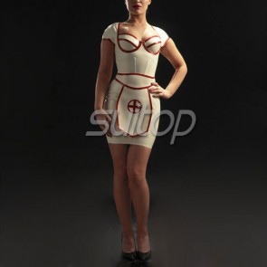 Rubber latex uniform and dress with apron and cap in white color