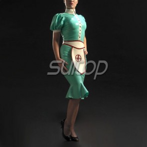 Nurse rubber latex uniform and dress include apron in green color