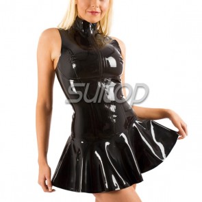 High neck rubber latex tight dress with front zipper in black color for female