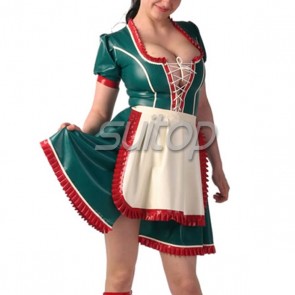 Rubber latex maid uniform and dress with front lace up in green color  for fermale