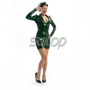 Sexy rubber latex stewardess uniform and dress includes cap in metallic green color for female