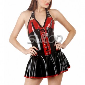 Suitop sexy rubber latex whole set including bra+mini pleated skirt+corset main in black color for women