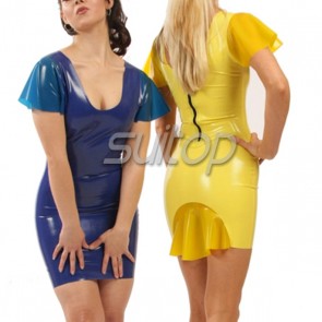 Sexy rubber latex tight dress with front zipper in yellow/blue color for female