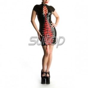 Sexy rubber latex tight dress with front lace up in black color for female
