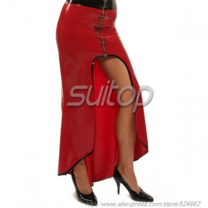 Casual rubber latex long dress with front zip in red color for women