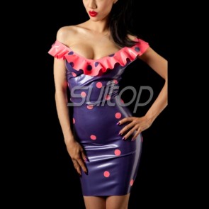 Fashional natural rubber latex dresses in Metallic purple and Metallic pink trim higher quanlity hand made provide custom wtih dot