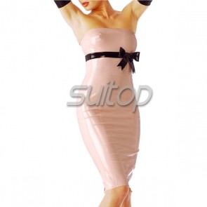 Sexy tube top rubber latex tight dress with bowknot in pink color for women