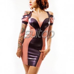 Sexy party rubber latex halter tight dress with back zipper in pink color for female