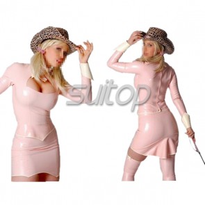 Sexy rubber latex whole set includes tops and skirt in light pink color for female