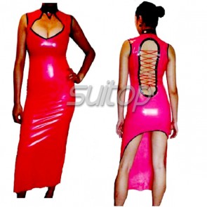 Sexy rubber latex high neck sleeveless long dress with back lace up in red color for women