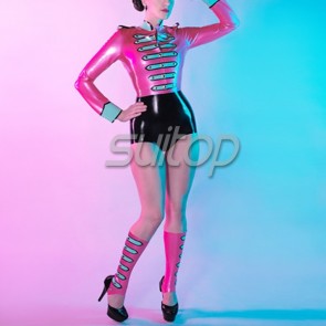 Sexy party rubber latex tight shirt in metallic pink color for women