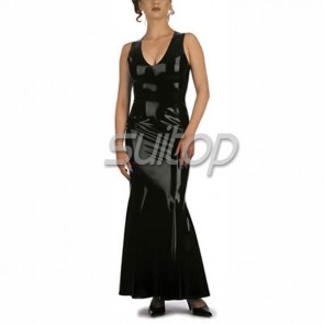 Sexy party rubber latex sleeveless long dress in black color for female