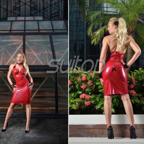 Sexy party rubber latex backless halter dress in red color for female