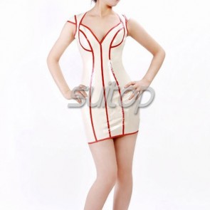 rubber latex mini tee dresses in white and red trim 