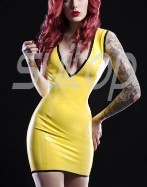 Sexy casual rubber latex low-cut vest dress in yellow color for women