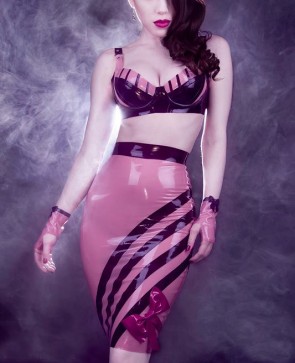 Sexy rubber latex tight skirt and bras includes gloves in dusty pink color for women