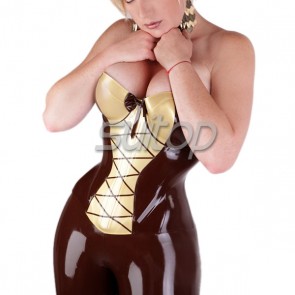 Women latex rubber corset with lace up in brown color