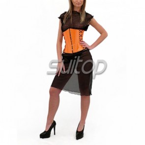 Pure handmade female latex rubber corset with lace up in orange color