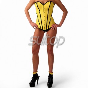 Pure handmade female latex rubber corset  with lace up in yellow color