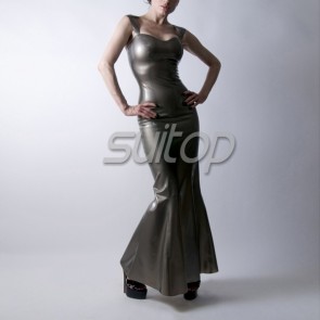Sexy evening rubber latex long dress with straps in metallic gray color for women