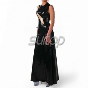Sexy rubber latex sleeveless long dress with back zip in black color for female