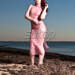 Sexy rubber latex sleeveless long dress in transparent pink color for female