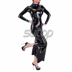 Sexy party rubber latex high neck slit long dress in black color for female