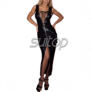 Sexy rubber latex sleeveless long dress with lace up and front zip in black color