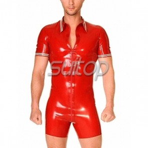Men's rubber latex leotard bodysuit with front zip in red color